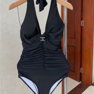 CHANEL Elegant Black Ruched Swimsuit